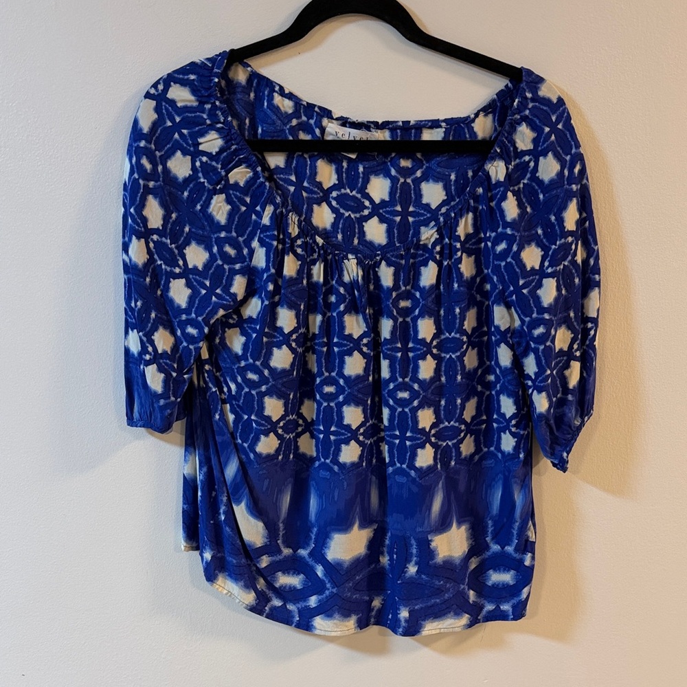 Velvet by graham &Spencer - Blue Printed Women's Peasant Top Scoop Neck - XS